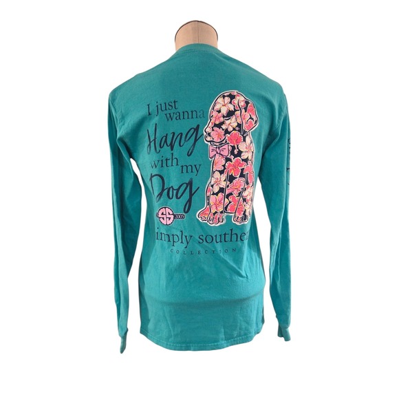 Simply Southern Long Sleeve Graphic Tee Teal Hang With My Dog Floral Small - Picture 6 of 13